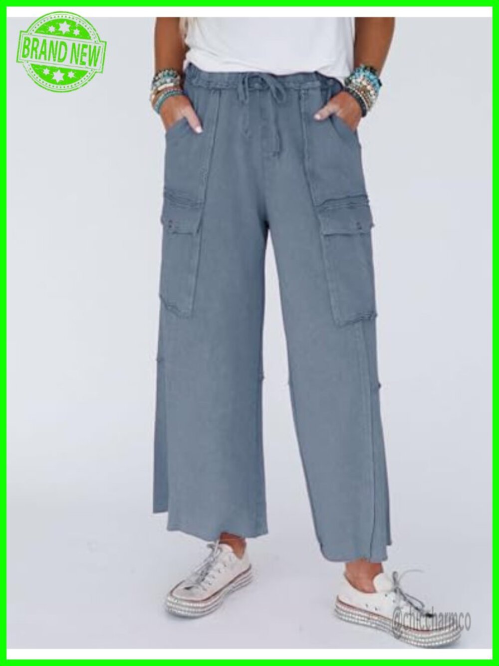 Wide Leg Acid Wash Sweatpants High Rise Baggy Cargo Drawstring Elastic Waist - Picture 5 of 6